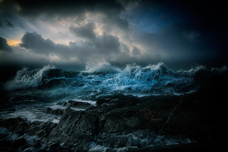 wave of water painting, sea, storm, rock, nature, clouds, sky