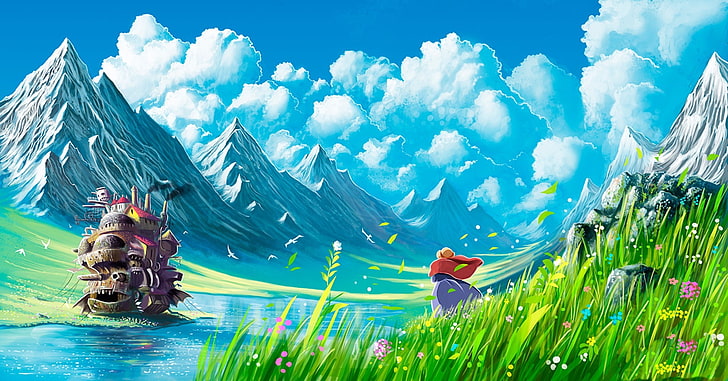 Cảnh núi đẹp như tranh vẽ cùng với lâu đài di động bí ẩn, tất cả đều được tái hiện tuyệt đẹp trong bộ phim hoạt hình Howl\'s Moving Castle của Studio Ghibli. Những hình ảnh này không chỉ đẹp mắt mà còn tạo nên một không gian lãng mạn cùng với câu chuyện tình yêu đầy xúc động.