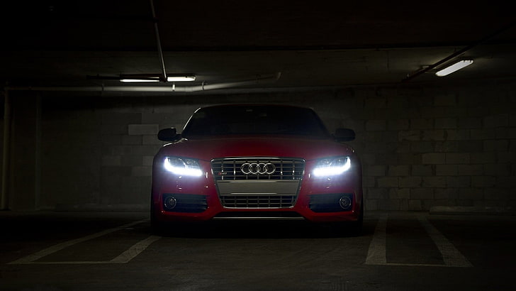 red Audi car, illuminated, mode of transportation, lighting equipment