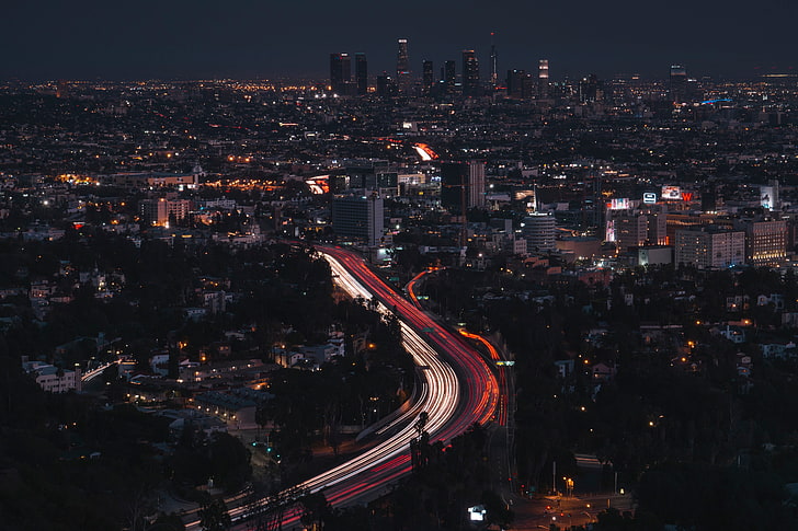 time-lapse photography of cars on road, city, lights, Los Angeles
