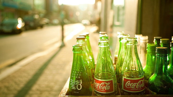 Coca-Cola glass bottles, container, food and drink, refreshment, HD wallpaper