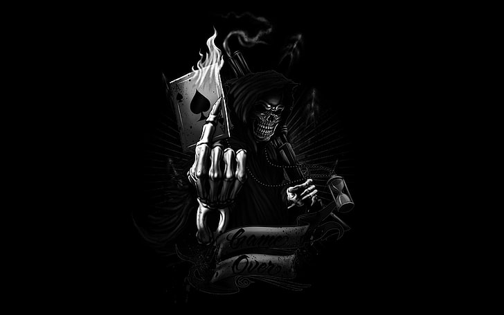 skeleton holding card illustration, Dark, Grim Reaper, art and craft