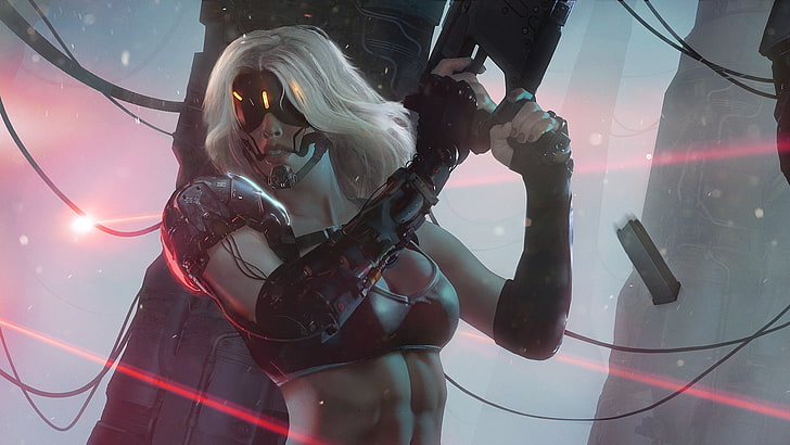 woman anime character wallpaper, cyberpunk, gun, women, bra, bionics