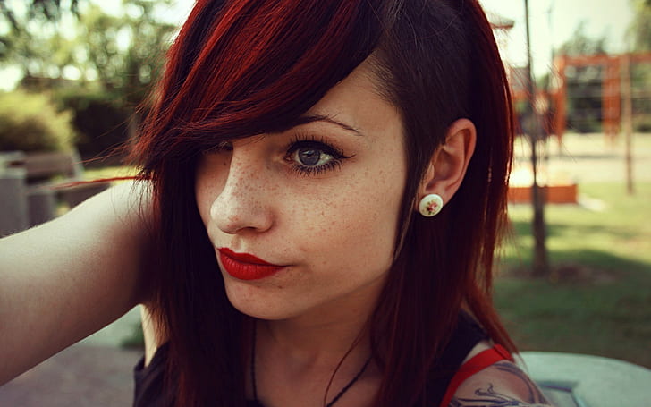women, face, sidecut, redhead, women outdoors, red lipstick, HD wallpaper