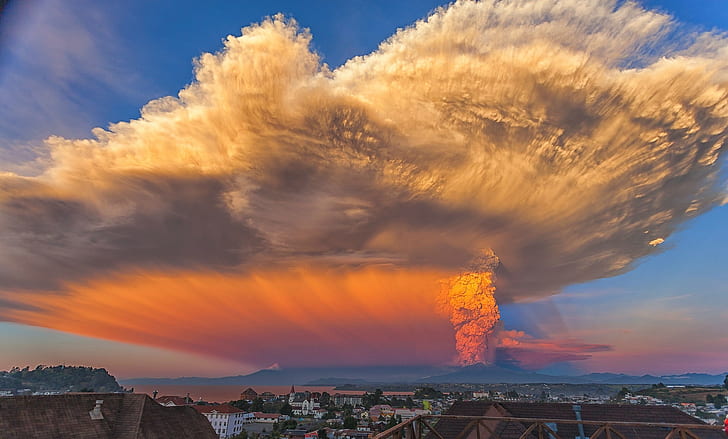 eruptions, sunset, nature, volcano, Chile, ash, landscape, smoke, HD wallpaper