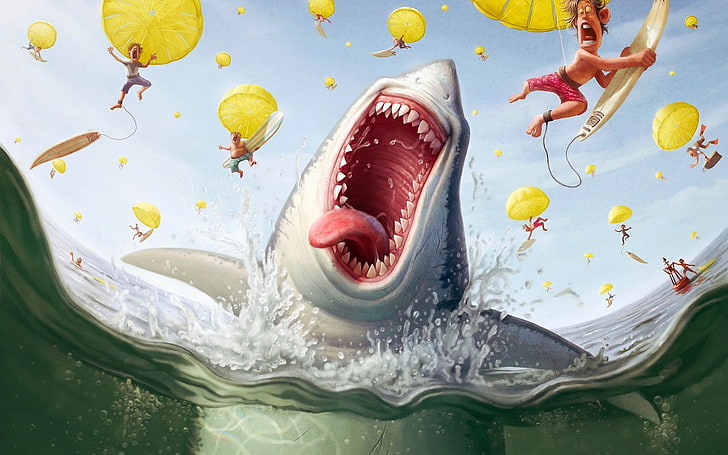 gray shark illustration, animals, soft shading, humor, artwork, HD wallpaper