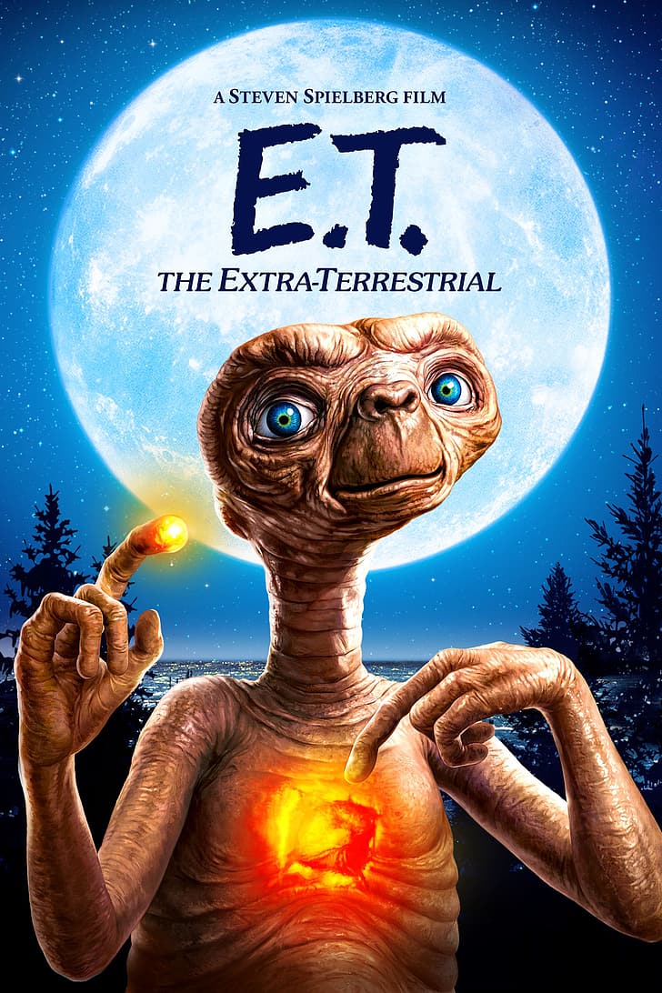E.T., movies, aliens, night, Moon, blue eyes, index finger raised
