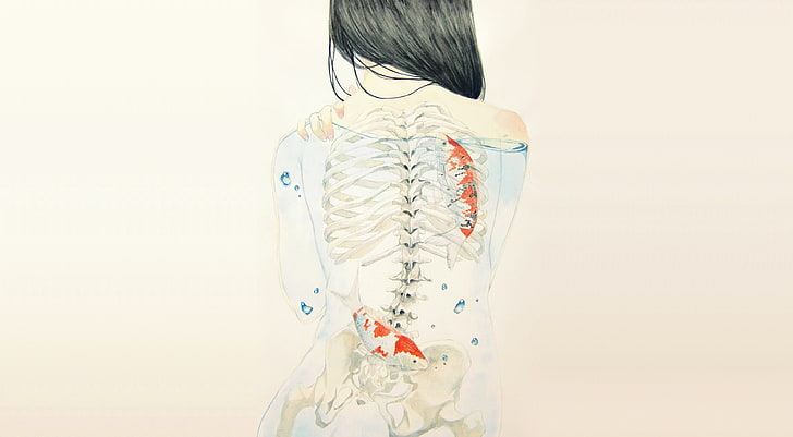 woman x-ray photo illustration, artwork, drawing, skeleton, back