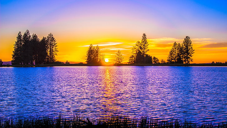 dusk, evening, lake, orange sky, orange sunset, water, silhouette, HD wallpaper
