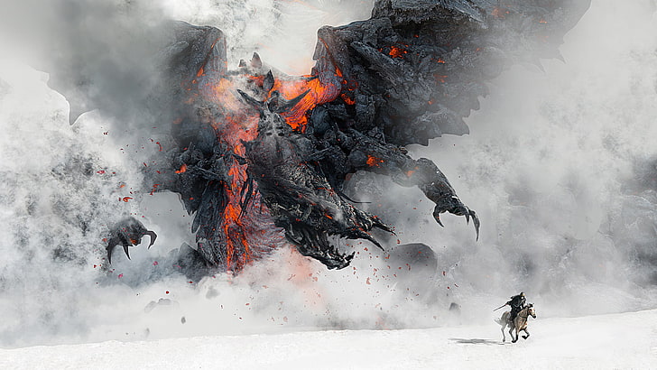 black dragon chasing brown horse wallpaper, smoking, smoke, lava