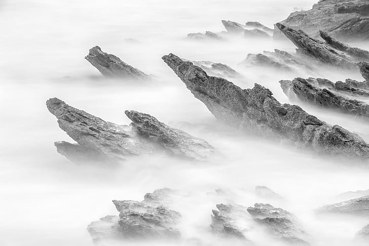 photo of gray stone and mist, jpg, B/W, Bulb, Cala, Mesquida, HD wallpaper