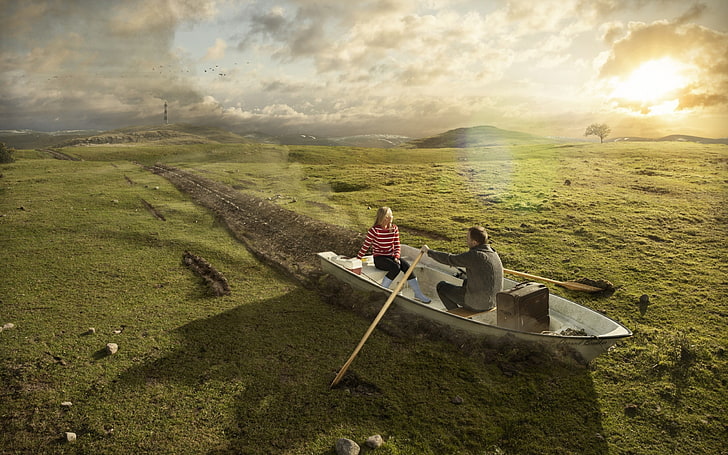 white paddle boat, nature, landscape, clouds, field, men, women, HD wallpaper