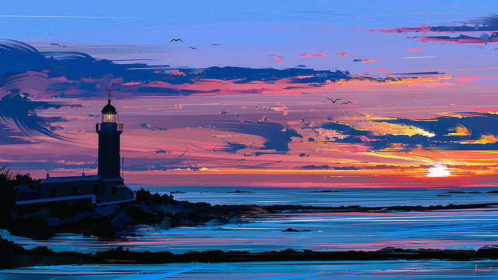 artwork, Aenami, vector, colorful, lighthouse, coast, drawing