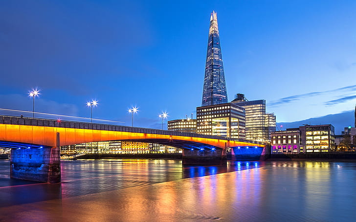 London, England, bridge, river Thames, evening, lights, buildings