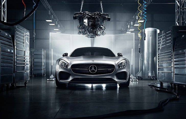 silver Mercedes-Benz vehicle, Front, AMG, Color, Engine, Workshop