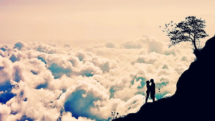silhouette of tree, love, clouds, cliff, sky, artwork, real people