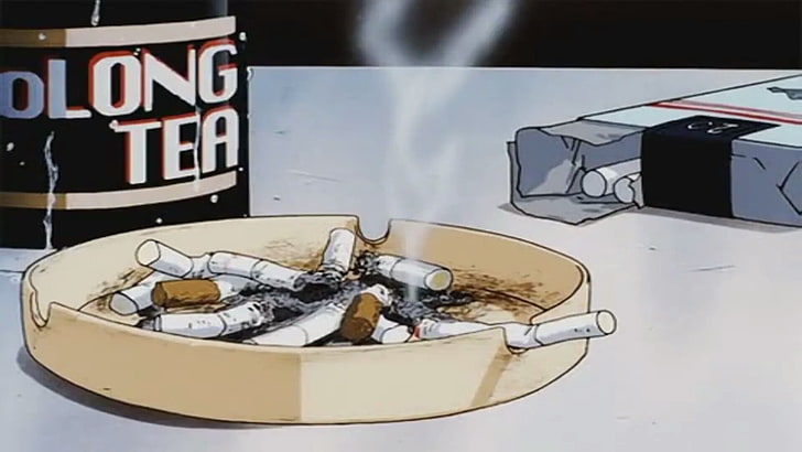 cigarette, ash, ashtray, anime art, smoke, indoors, communication