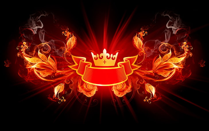 orange floral ribbon illustration, digital art, fire, crown, burning, HD wallpaper