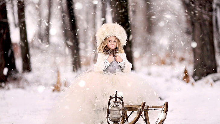 children, hat, snow, lantern, fur, cold temperature, winter, HD wallpaper