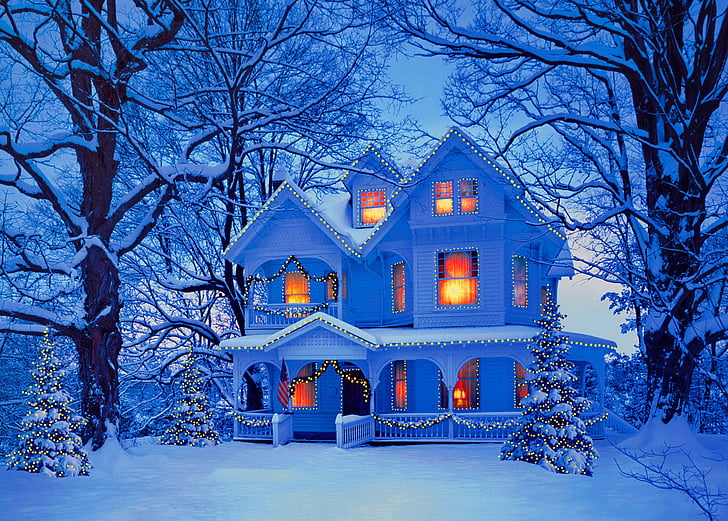 Holiday, Christmas, Christmas Tree, Glow, House, Light, Snow