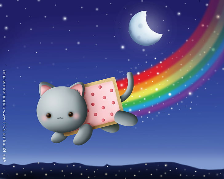 cat feline animals food memes rainbows moon stars sky night nyan cat, HD wallpaper