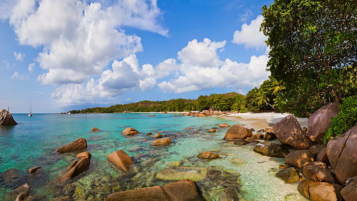 rocks on shoreline, Anse Lazio, Praslin Island, Seychelles, Best beaches of 2016, HD wallpaper