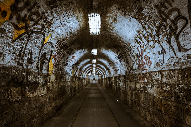 gray and white concrete tunnel, underground, abandoned, lighting
