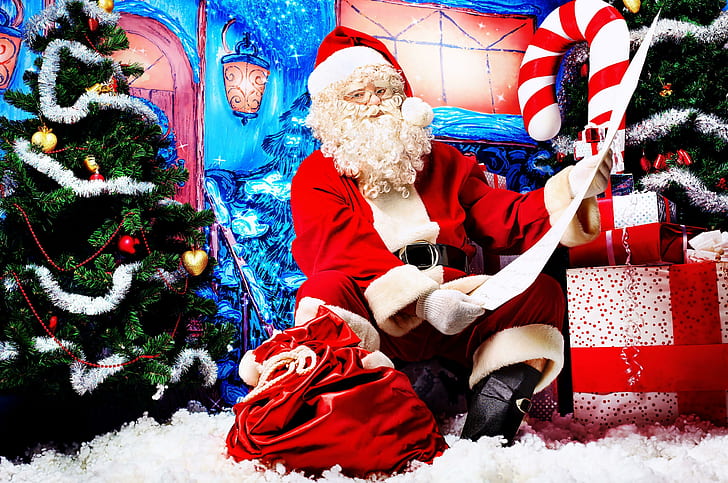 santa claus, bag, gift, list, christmas trees, HD wallpaper