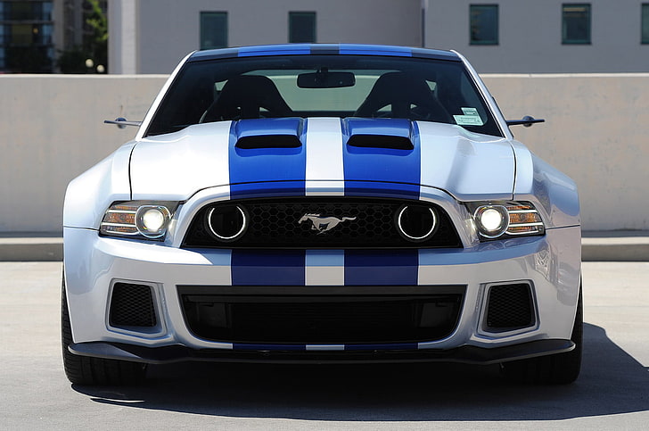 white and blue Ford Mustang coupe, car, muscle cars, American cars, HD wallpaper