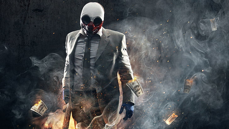 male character wallpaper, wolf, heist, Payday 2, fire - Natural Phenomenon, HD wallpaper