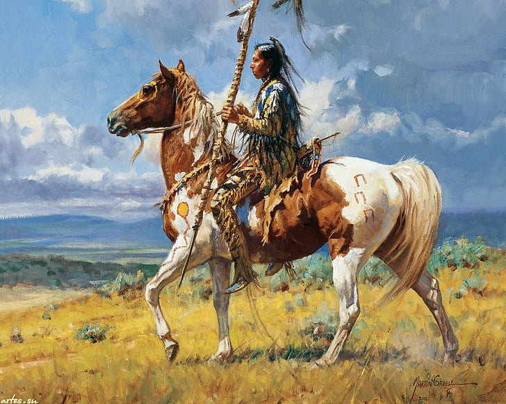 Native American HD, native american riding horse painting, artistic, HD wallpaper