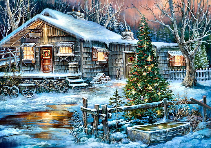 house with Christmas tree painting, architecture, built structure
