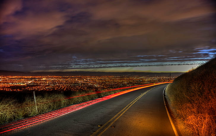 vehicle road beside grass during nighttime, Mt. Hamilton, Silicon Valley, HD wallpaper