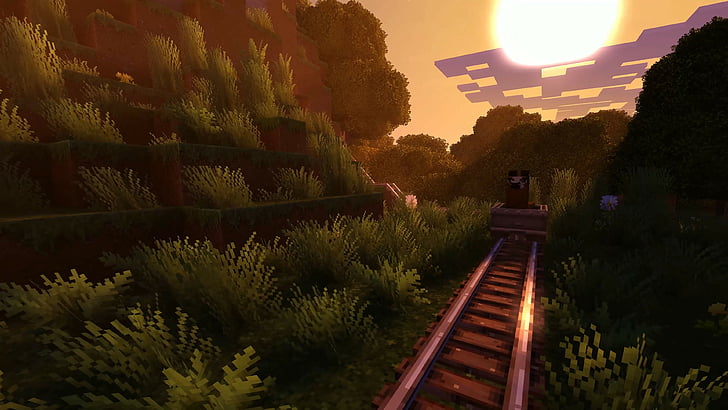 Mojang Minecraft train rails at daytime, Minecraft 4k edition