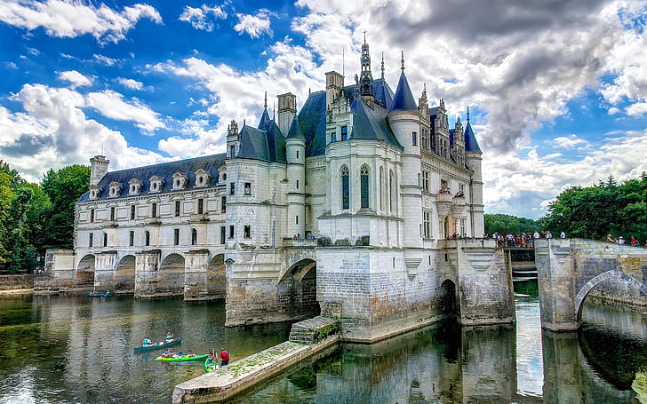 France, castle, water, clouds, HD wallpaper