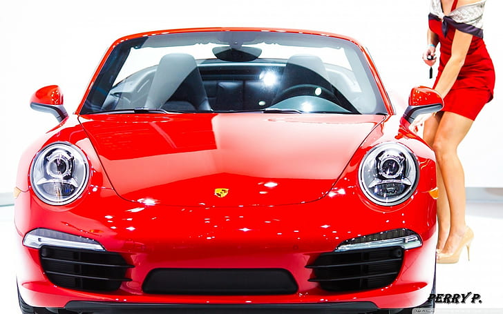 Porsche, red cars, women with cars, HD wallpaper
