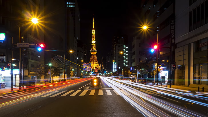 timelapse photography of street in the city, Tokyo, illuminated, HD wallpaper