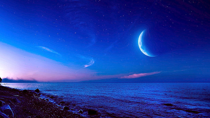 moonlit, moonlight, night sky, stars, seascape, horizon, half moon, HD wallpaper