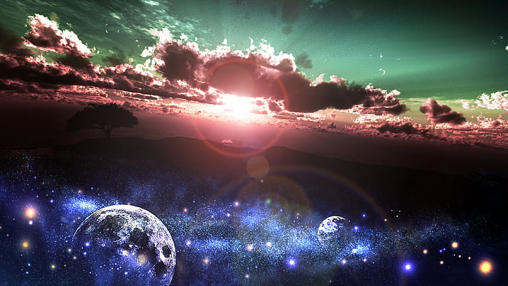 untitled, clouds, planet, landscape, sky, stars, Sun, night, cloud - sky, HD wallpaper
