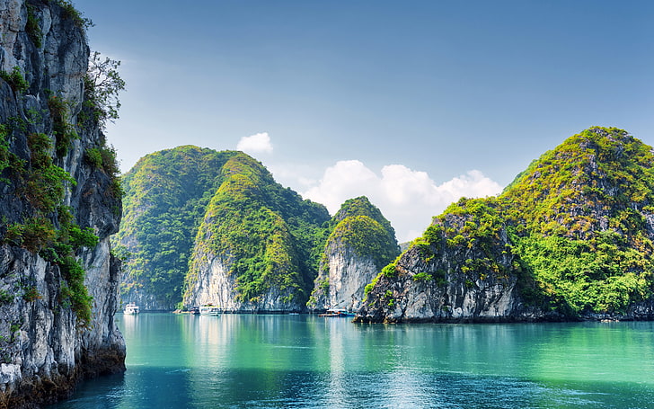 Vietnam summer Halong Bay rocky ocean 4K Ultra HD, water, sky