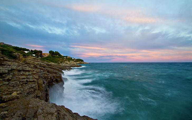 Sea, waves, beach, rocks, sky, blue - pink clouds, HD wallpaper