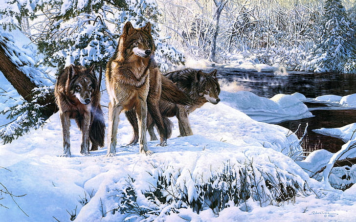 winter, forest, snow, river, art, wolves, Richard Luce, HD wallpaper