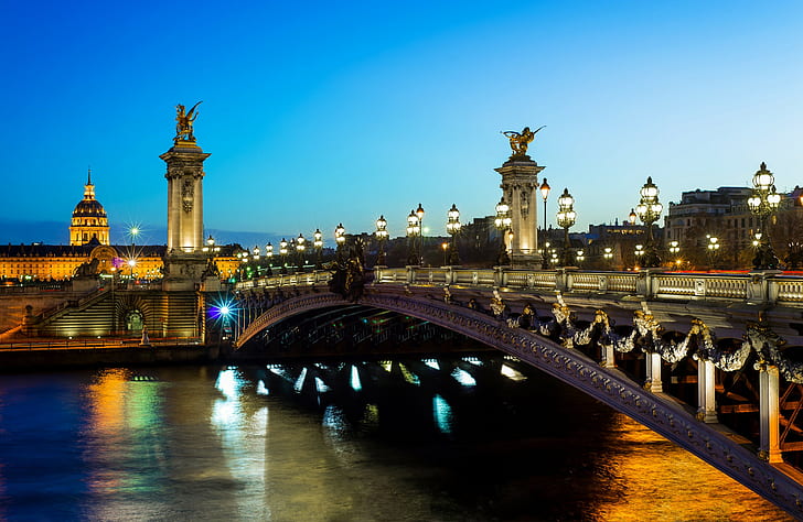 Paris, France, Pont Alexandre III, the river Seine, city, Night