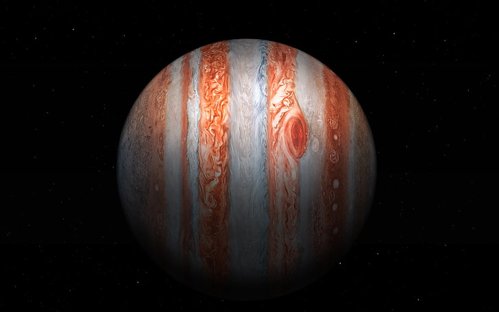 orange and gray striped planet, Jupiter, space, stars, Solar System