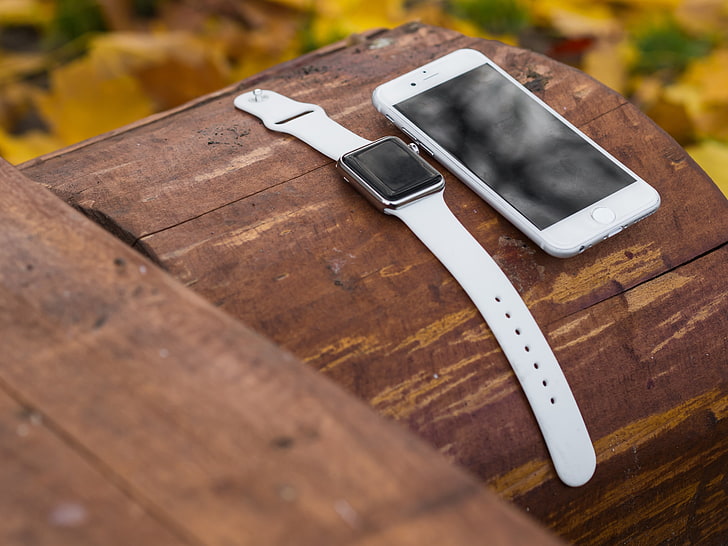 silver iPhone 6 and white Apple Watch, iwatch, smart Phone, mobile Phone