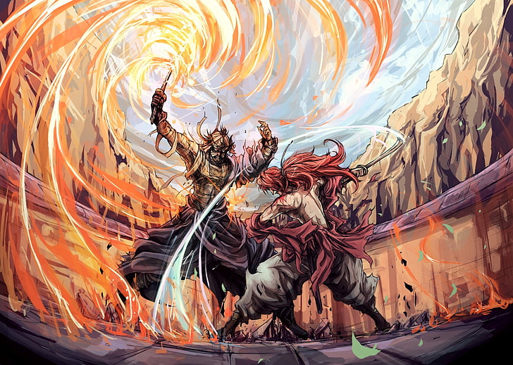 two warrior fighting in arena illustration, Anime, Rurouni Kenshin