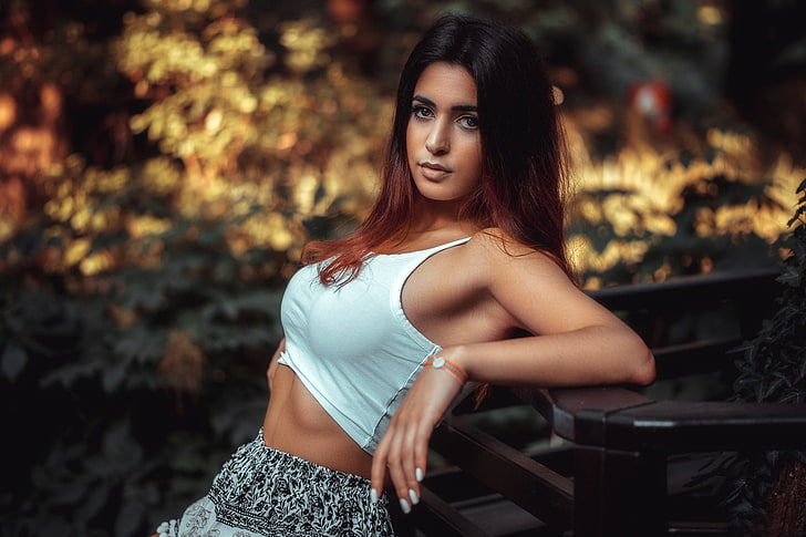 women's blue crop top and gray bottoms outfit, model, portrait