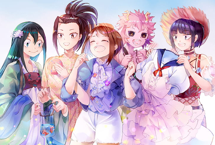 anime, Boku no Hero Academia, Tsuyu Asui, Momo Yaoyorozu, Uraraka Ochako, HD wallpaper