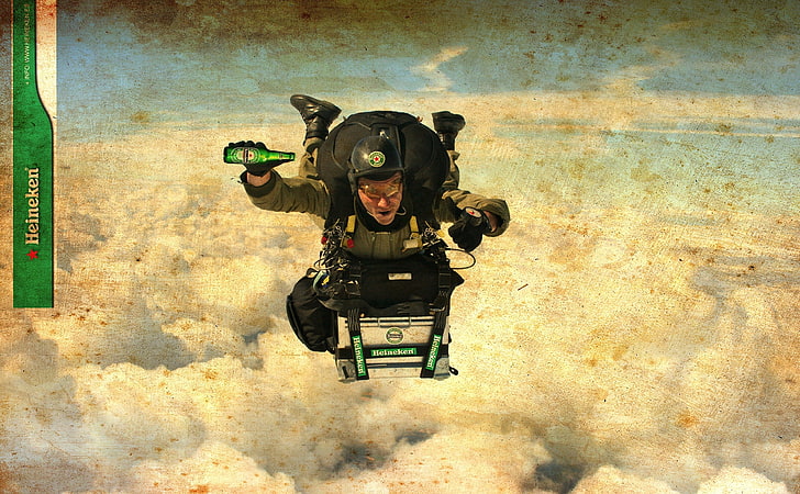 Skydiver, man holding Heineken bottle wallpaper, Vintage, Clouds