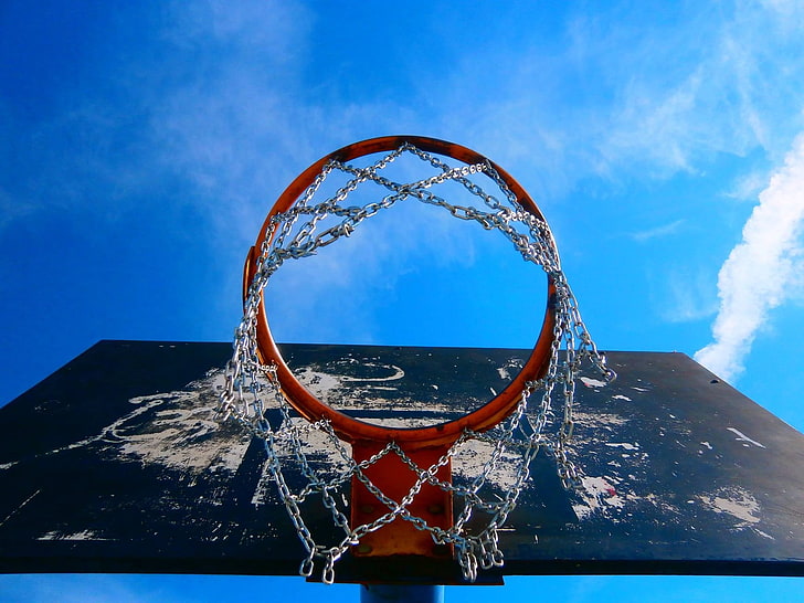 red and black basketball hoop, sky, worm's eye view, nets, cyan, HD wallpaper